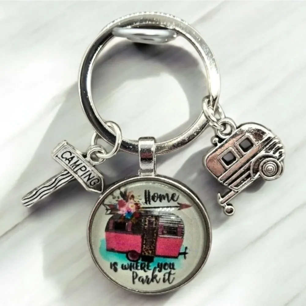 Retro Camper Keychain Home Is Where You Park It RV Glamping Bag Charm Key Ring